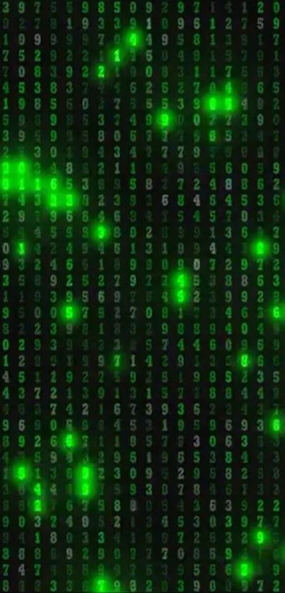 Neon green matrix code wallpaper glowing on a dark background.