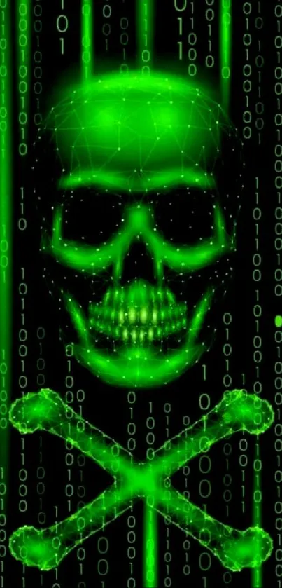 Neon green matrix skull and crossbones with digital binary background.