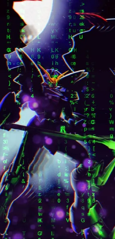 Neon mecha silhouetted against a lunar background with vibrant colors.