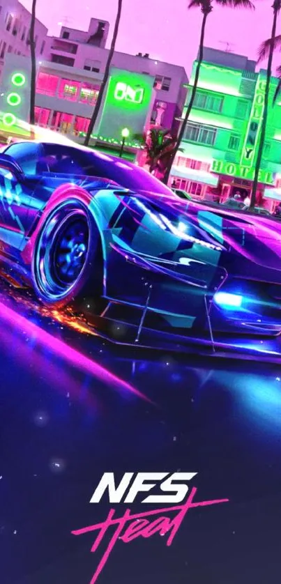 Neon-lit Miami street racing scene with vibrant car and palm-lined backdrop.