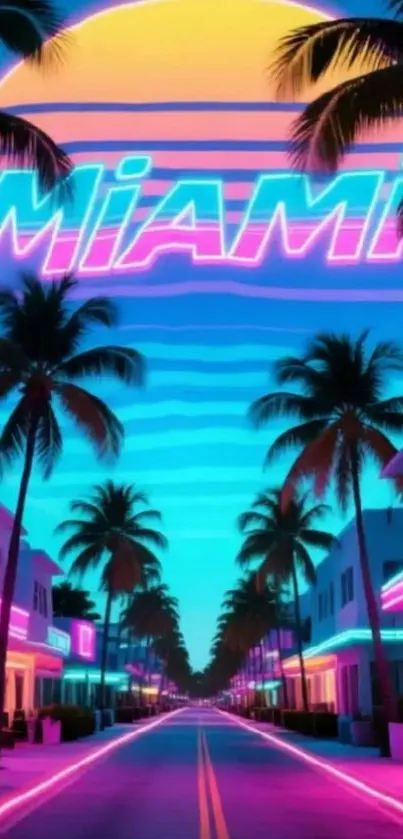 Neon Miami sunset with palm trees and cityscape.