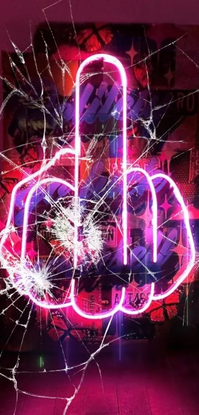 Neon middle finger art with shattered glass effect.