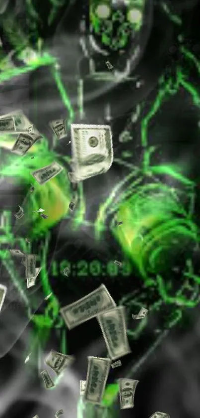 Neon green wallpaper with swirling cash and dynamic design elements.