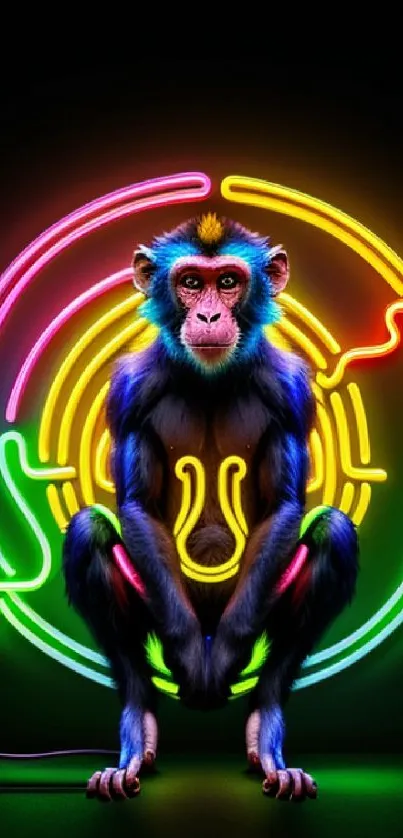 Vibrant neon monkey art with bright colors and intricate design on a dark background.