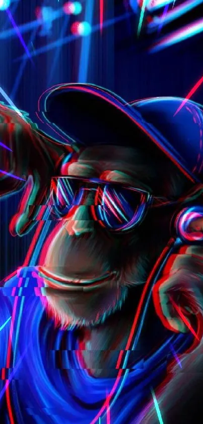 Neon styled monkey wearing headphones in vibrant graffiti art.