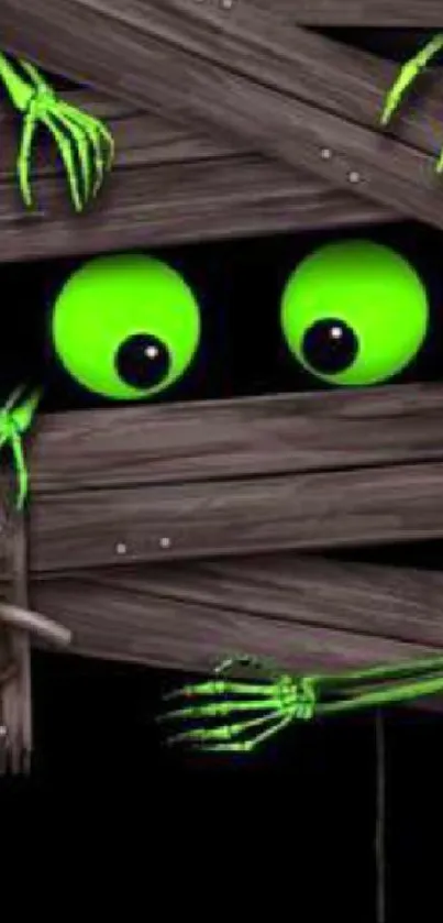 Neon green monster eyes peeking through wooden boards on a black background.