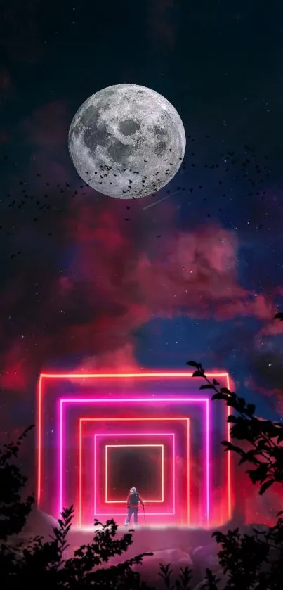 Neon geometric portal under a bright full moon, surrounded by a dreamlike sky.