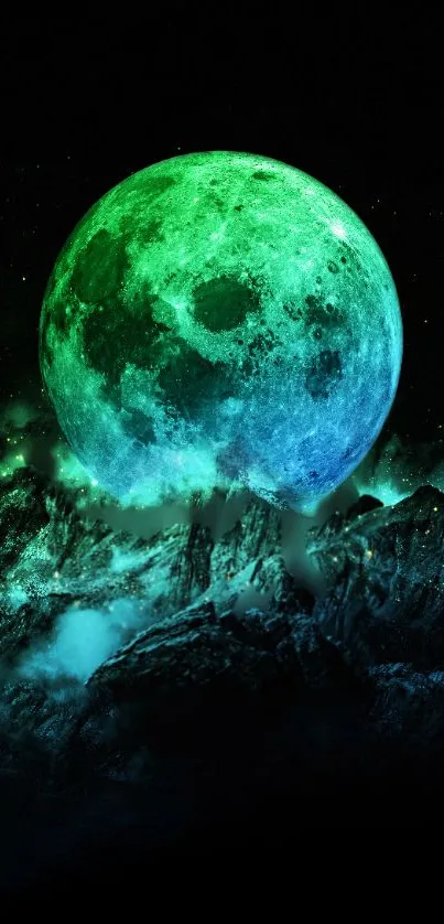 Neon green moon over mountains wallpaper.