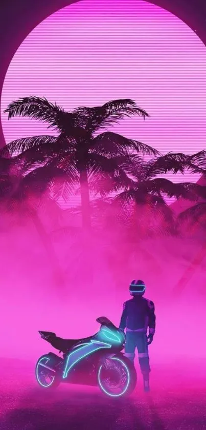 Neon motorcycle and biker under a magenta moon with palm trees.