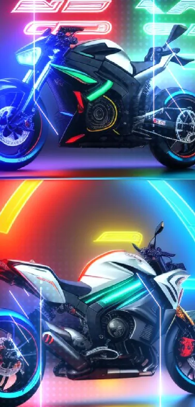 Neon motorcycles with vibrant lighting in a futuristic digital art style.