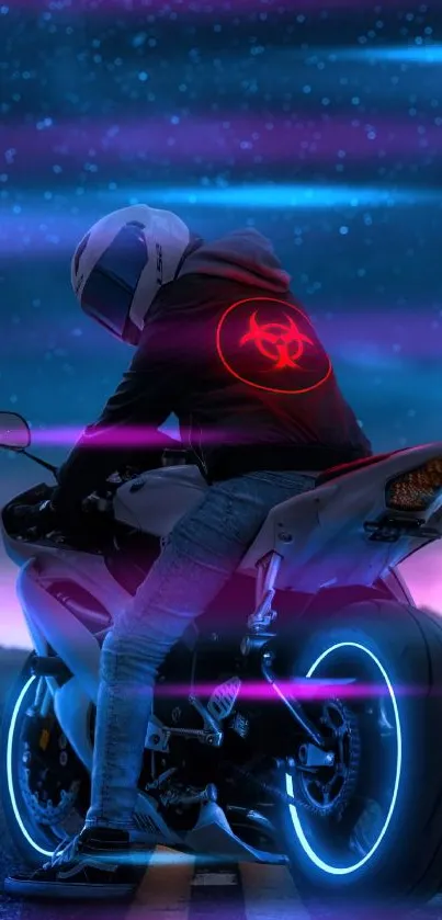 Motorcycle with neon lights under a starlit sky wallpaper.