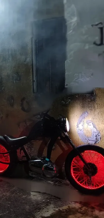 Motorcycle with neon red wheels against a grunge wall.