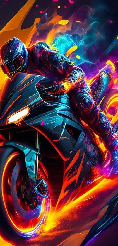 Neon motorcycle racing with fiery colors and dynamic motion.