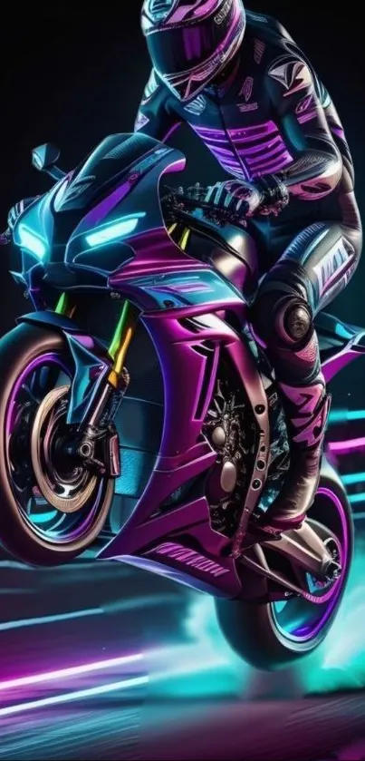 Neon motorcycle rides with vibrant colors in dynamic mobile wallpaper design.