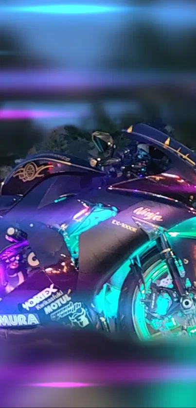 Vibrant neon motorcycle with LED lights in a dynamic background.