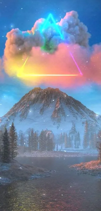 Neon triangle over mountain with colorful sky and lake.