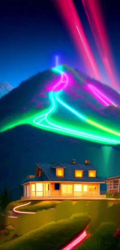 Scenic night view of a neon-lit mountain and house.