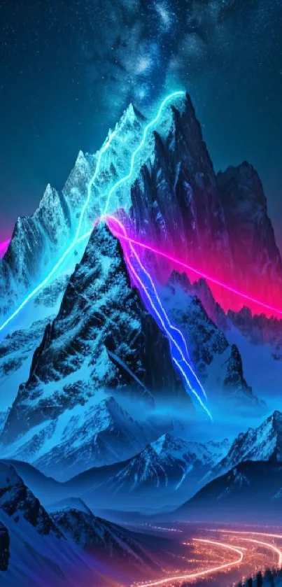 Neon blue and pink light streams on a snowy mountain at night.