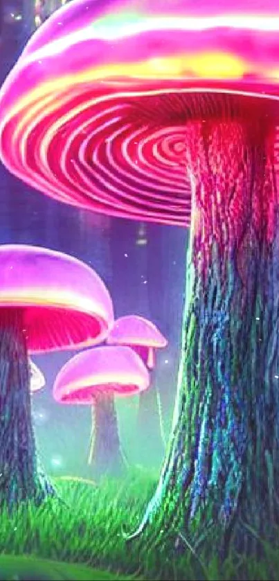 Neon pink mushrooms glowing in a mystical forest.