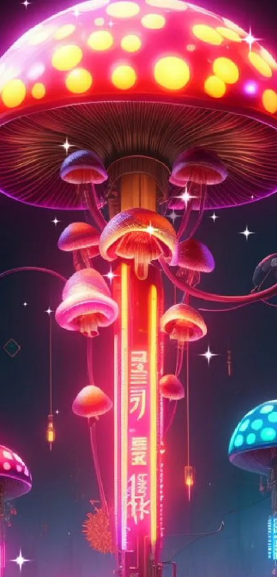 Neon sci-fi mushrooms glowing in a futuristic urban landscape.