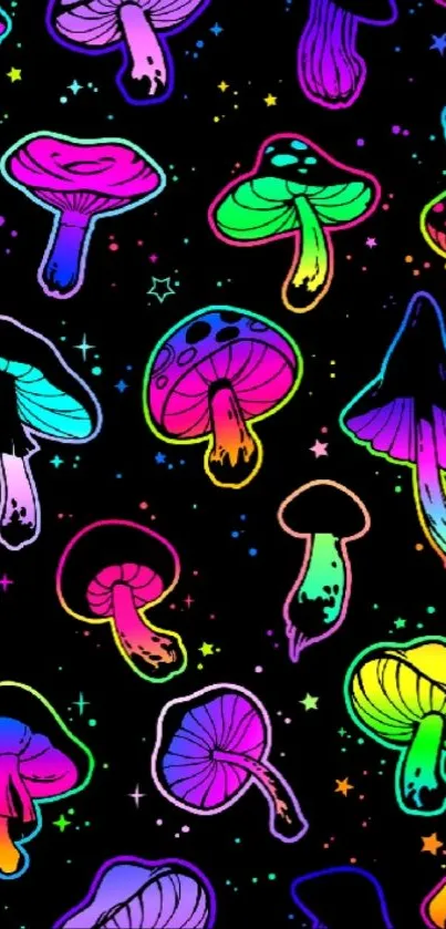 Colorful neon mushrooms on black background for mobile wallpaper.