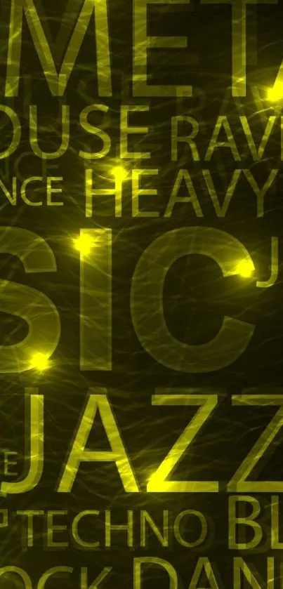 Yellow neon music genre wallpaper with bold text highlighting jazz and rock.