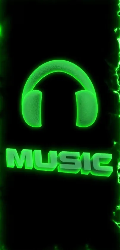 Neon green headphone icon and music text on a dark background.