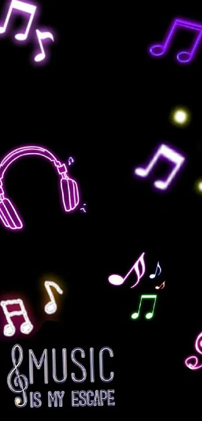 Vibrant neon music notes on black background with colorful headphone art.