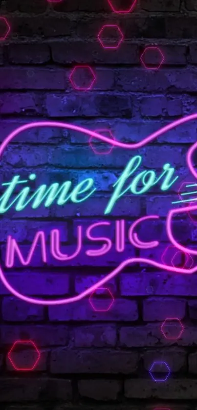 Neon guitar and text design on a brick wall wallpaper.