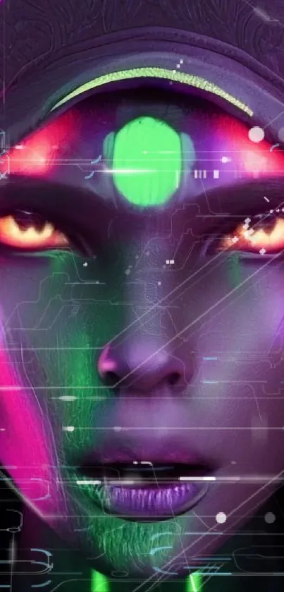 Close-up of a neon mystic face with vibrant purple hues.