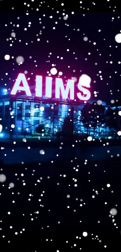 Neon AIIMS sign glowing at night.