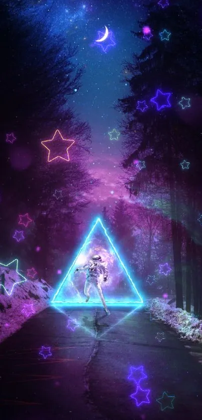 Astronaut in neon-lit forest with cosmic stars.