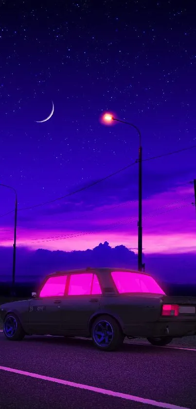 Neon-lit vintage car under a starry night sky.