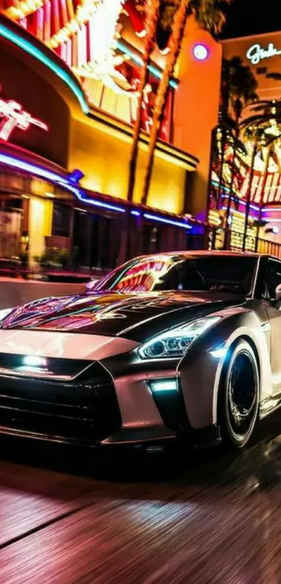 Sleek car driving through a neon-lit city night scene.