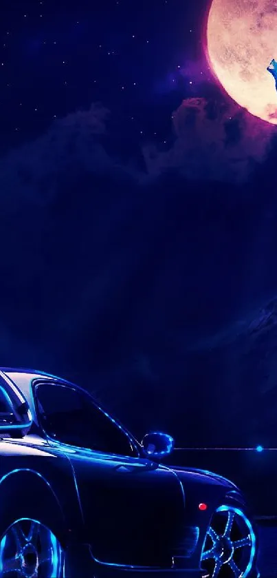 Neon car under full moon with wolf silhouette.