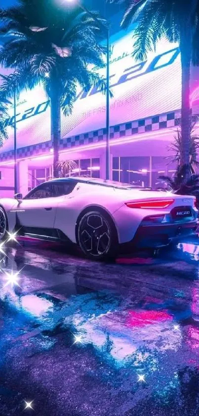 Futuristic neon-lit city with a sleek sports car at night.