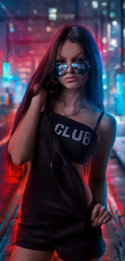 Stylish individual in neon-lit urban setting, exuding cool night vibes.