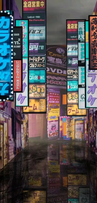 Vibrant neon cityscape with reflections on wet streets.