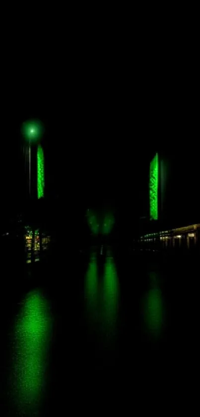 Neon green cityscape at night reflected on water.