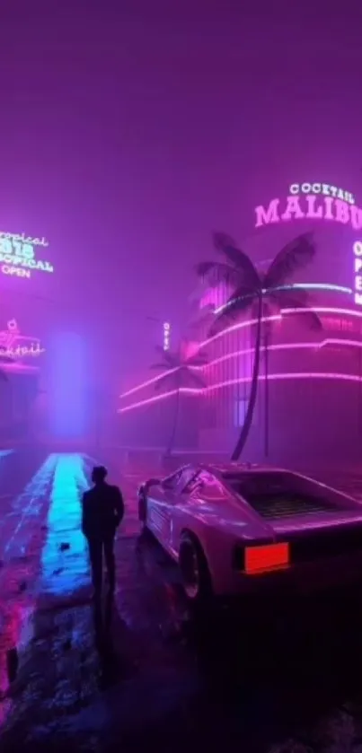 Retro futuristic city with neon lights and a vintage car at night.