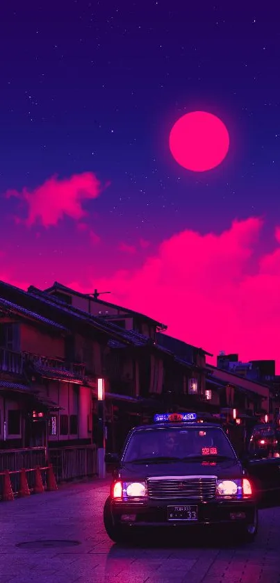 Vibrant neon cityscape wallpaper with moon and bustling street.