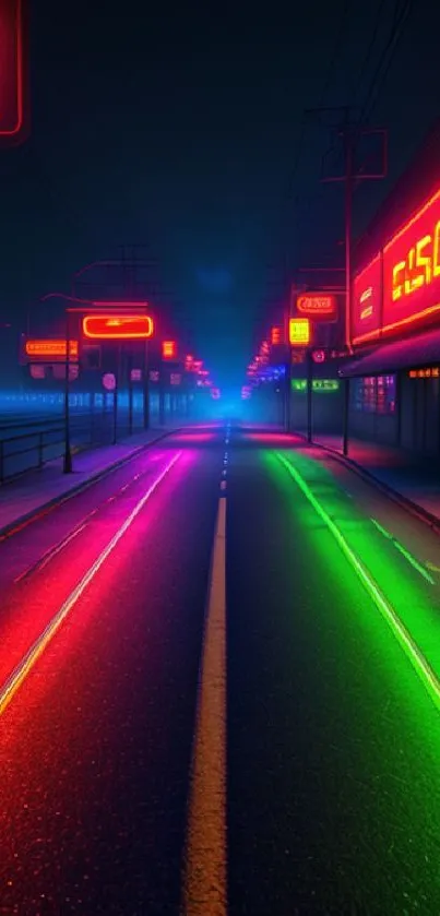 Futuristic neon city street with vibrant glowing lights.