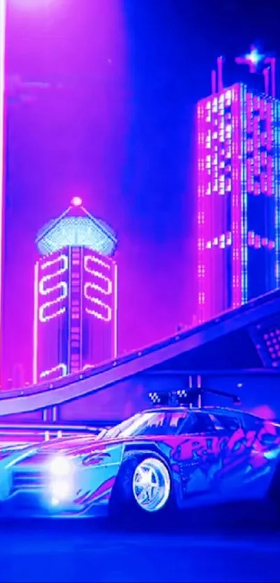 Neon cityscape with a futuristic car and bright purple glow.