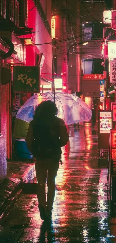 Person with umbrella in neon-lit city alley at night.