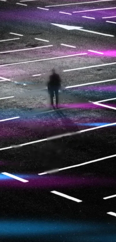 Neon night parking lot with purple and blue lights.