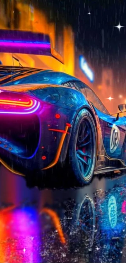 Futuristic neon car on rainy night street with colorful reflections.