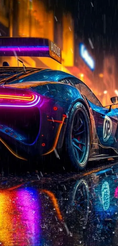 Neon-lit racing car on rainy city street.