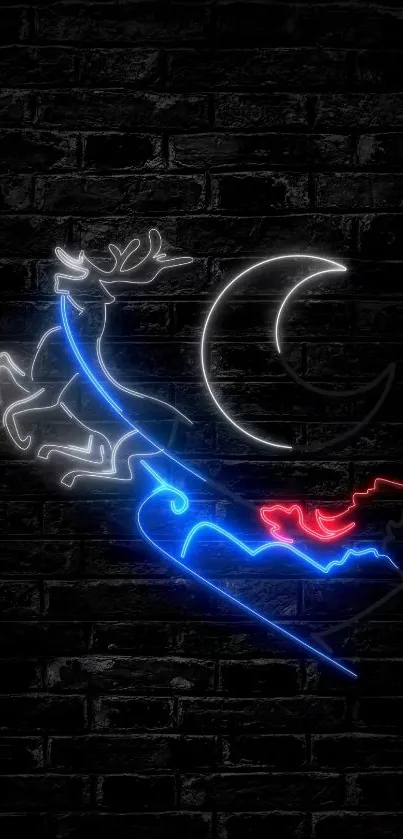 Neon reindeer under crescent moon, vibrant colors.