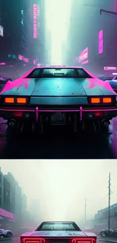 Retro car under neon lights in a cyberpunk cityscape.