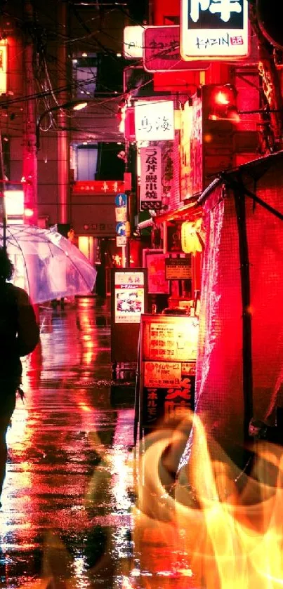 Neon-lit city alley at night with reflections on wet pavement.